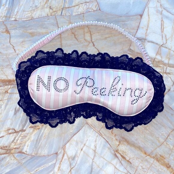 Victorias Secret “No Peeking” blindfold Silky Sleep Mask Pink Stripe Lace Trim - Picture 2 of 6